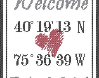 Latitude and Longitude Modern Welcome Cross Stitch PDF Pattern for Anniversary, Housewarming or Wedding, Housewarming Cross Stitch PDF Chart