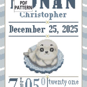 Cute Baby Seal Birth Record Counted Cross Stitch PDF Chart, Baby Seal cross stitch PDF chart, cute baby seal