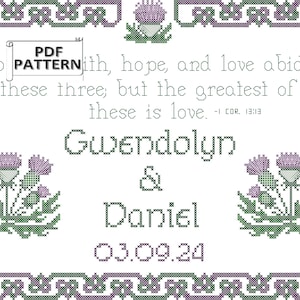 Modern Wedding Cross Stitch PDF Pattern with Celtic Heart Knot Border thistle art 1 Cor 13 bible verse
