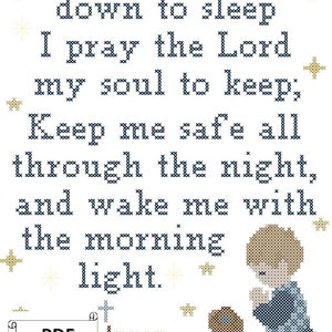 Now I lay me down to sleep, Child&#39;s Bedtime Prayer Counted Cross Stitch PDF Pattern with Alphabet and numbers for DIY personalization