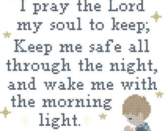 Now I lay me down to sleep, Child's Bedtime Prayer Counted Cross Stitch PDF Pattern with Alphabet and numbers for DIY personalization