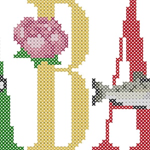 May include: Cross-stitch pattern for the word "ALABAMA" with various images representing the state, including a football, a peanut, a rose, a fish, and a bird. The pattern includes the text "PDF PATTERN".