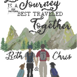 Life is a Journey Best Traveled Together Watercolor mountains to be personalized with your names/date and couple/dogs/children