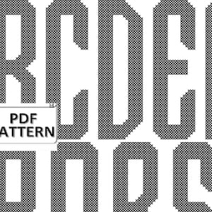 May include: Black and white pixelated alphabet letters A through I. The letters are in a bold, blocky font. The letters are arranged in two rows. The letters A, B, and C are in the top row. The letters D, E, F, G, H, and I are in the bottom row. The letters are surrounded by a white background. The text "PDF PATTERN" is in a white box with a rolled up scroll on the left side of the box.