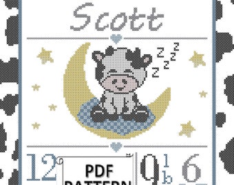 Cute Sleeping Cow on the Moon with Stars Counted Cross Stitch PDF pattern