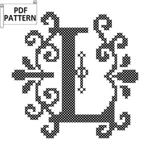 Padrão moderno de ponto cruz com letra L, padrão de ponto cruz com letra L extravagante, padrão formal de ponto cruz L, padrão de ponto cruz com letra