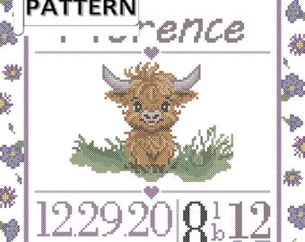 Highland Cow with birth flowers border Nursery Baby Birth Record Counted Cross Stitch PDF Chart