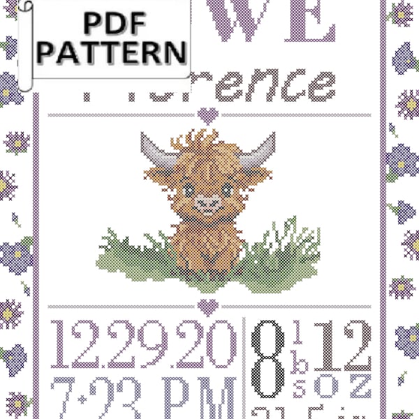 Highland Cow with birth flowers border Nursery Baby Birth Record Counted Cross Stitch PDF Chart