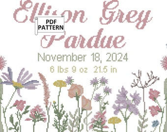 Wildflower Baby Birth Record Cross Stitch Pattern (PDF Chart)