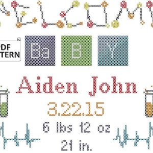 Wetenschap Baby Cross Stitch PDF-patroon, periodieke tabelelementen Baby Cross Stitch PDF-grafiek, wetenschapper Baby geboorteakte Cross Stitch Chart