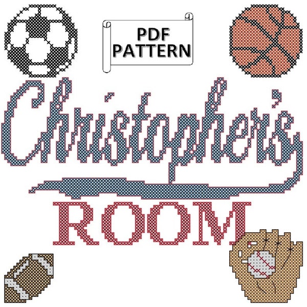 Sports Cross Stitch PDF Chart Room Name Sign with Soccer Ball, Basketball, Football and Baseball and Glove