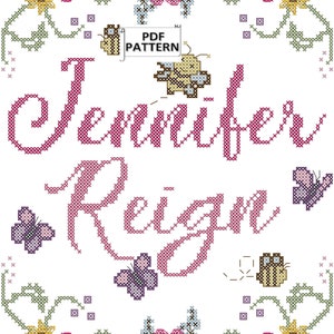 Bloemen en bijen meisjesnaam geteld kruissteek pdf-patroon, moderne babymeisjesnaam geteld kruissteek pdf-diagram, bloem en bijen xstitch
