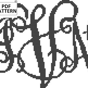 May include: Black and white cross-stitch pattern for the letters "GRH" in a decorative font.