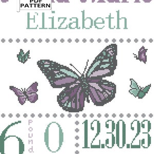 Patrón PDF de punto de cruz contado de registro de nacimiento de bebé mariposa, gráfico de punto de cruz de mariposa, patrón de punto de cruz contado de mariposas y rosas