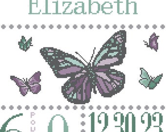 Butterfly Baby Birth Record Counted Cross Stitch PDF pattern, butterfly cross stitch chart, butterfly and roses counted cross stitch pattern