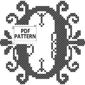 Patrón de punto de cruz contado con letra O ornamentada, gráfico en PDF de punto de cruz contado con una sola inicial y monograma moderno