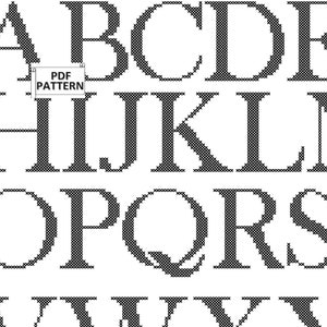 Patrón de punto de cruz en PDF con alfabeto pequeño, A-Z en mayúsculas y minúsculas para descarga inmediata. Las letras tienen entre 28 y 30 puntadas de alto.