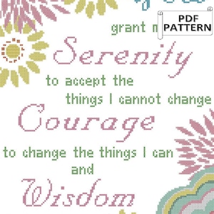 Patrón PDF de punto de cruz de oración de serenidad con flores modernas grandes y de colores brillantes