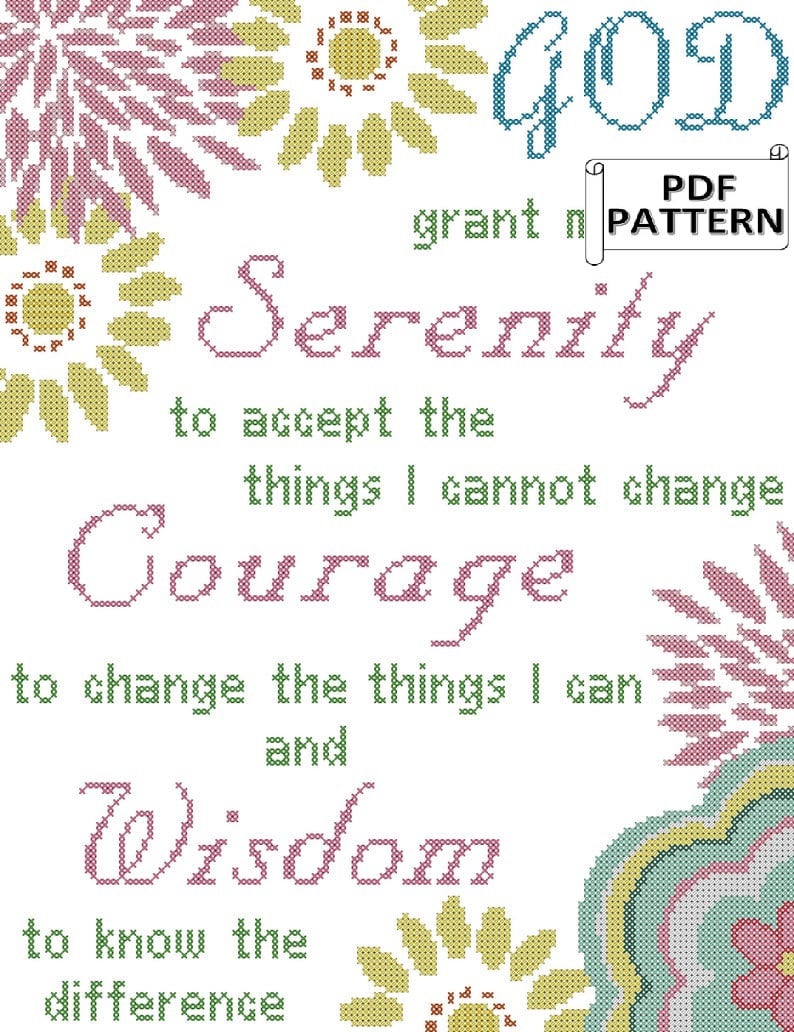 Serenity Prayer Cross Stitch PDF Pattern with Large, Brightly Colored Modern Florals image 1
