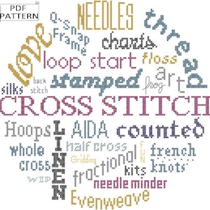 May include: A word cloud with the words "CROSS STITCH" in the center, surrounded by words related to cross stitching, such as "needles", "charts", "hoop", "linen", "aida", "counted", "half cross", "french knots", "fractional", "evenweave", "gridded", "needle minder", "silks", "stamped", "back stitch", "frog", "art", "WIP", "fun".