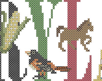 Maryland State Travel PDF Cross Stitch Pattern - City, State, Country Name with coordinating pictures on each letter cross-stitch pattern