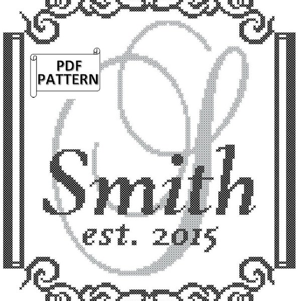 Modern monogram Cross Stitch PDF Pattern with Ornate Large Initial, Last Initial and Established Date,  Script Initial with Name and Border