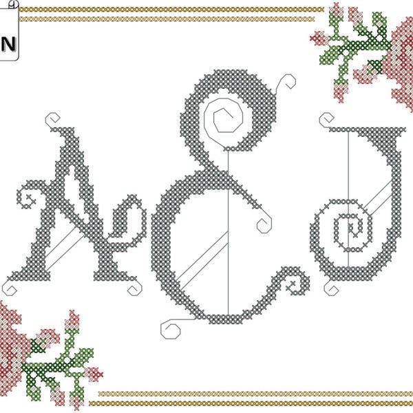 Formal Monogram with Floral Frame Border Counted Cross Stitch PDF pattern, modern monogram cross stitch chart, floral frame border xstitch