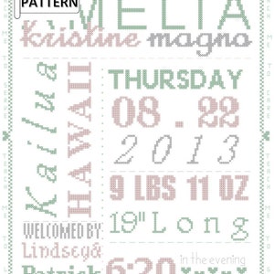 Typografie U-Bahn Poster Baby Geburtsurkunde Kreuzstich PDF Muster