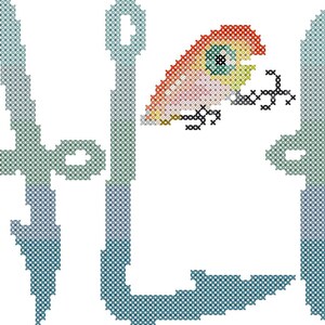 Peut inclure: Un motif de point de croix avec le nom "KALEB" dans une police stylisée, orné de motifs de pêche. Les lettres sont dans un dégradé de bleu et de vert, avec une petite étiquette "PDF PATTERN" en haut à gauche. Comprend des images d'un papillon, d'un leurre et d'un flotteur.