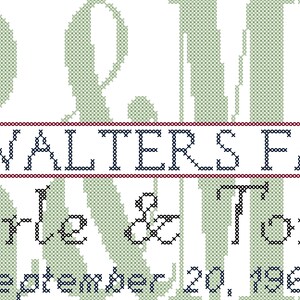 Mr and Mrs cross stitch PDF pattern with names and date for modern wedding anniversary or housewarming