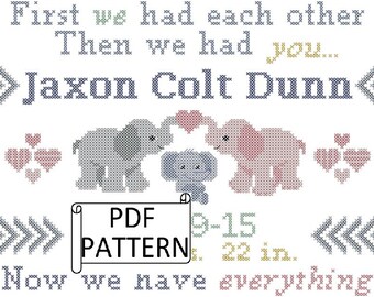 Elephant Baby Birth Record Cross Stitch Pattern (PDF Pattern)