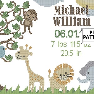 Jungle Baby Birth Cross Stitch PDF Pattern, Jungle Animal Cross Stitch, Modern Baby Cross Stitch