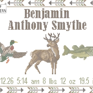 May include: Cross-stitch pattern featuring the name "Benjamin Anthony Smythe" with a duck, deer, and fish. Includes birth details: 6.12.26, 5:14 am, 8 lbs 12 oz, and 19.5 in. The design has a decorative border and a "PDF PATTERN" label.