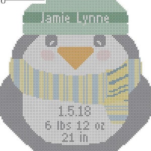 Patrón PDF de punto de cruz de pingüino bebé lindo Registro de nacimiento de bebé neutro en género, tabla PDF de punto de cruz de pingüino lindo