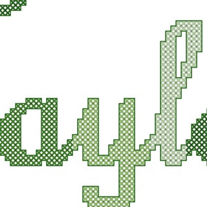 Op de afbeelding: Een kruissteekpatroon voor de naam "Taylor" in groen en wit. Het patroon is in PDF-formaat.