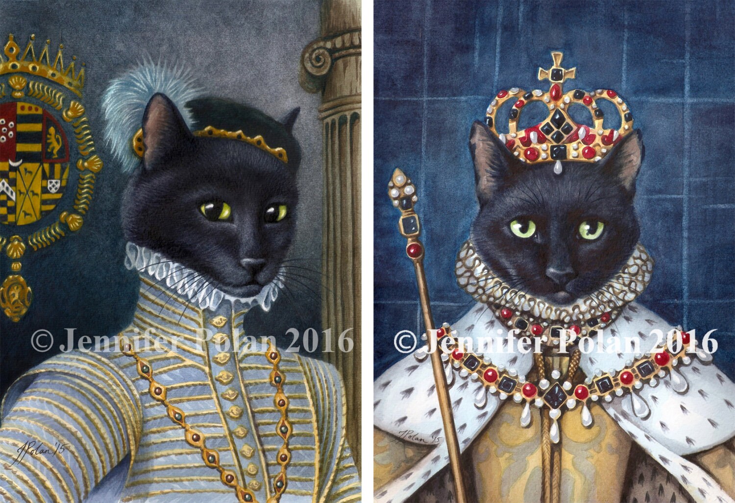 Set of 6 Cat Cards: 3 Roo Robert Dudley Cards, 3 Rinka Queen Elizabeth I Greeting Cards