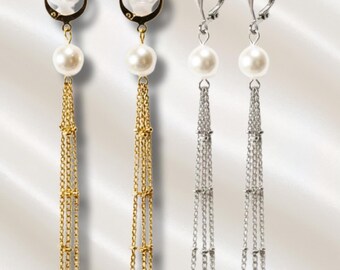 Pendientes colgantes de perla y cadena / Acero inoxidable / Diseño Flirt / Colección Cupido