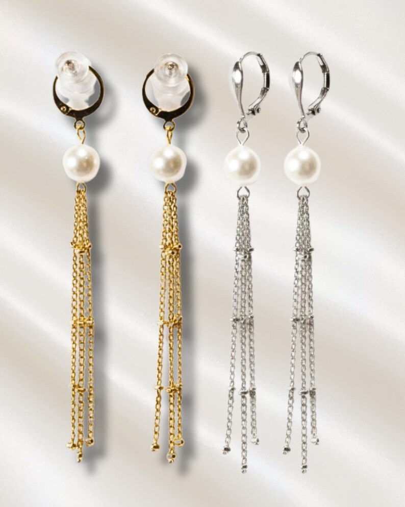 Pearl & Chain Dangle Earrings | Stainless Steel | Flirt Design | Cupid Collection image 1