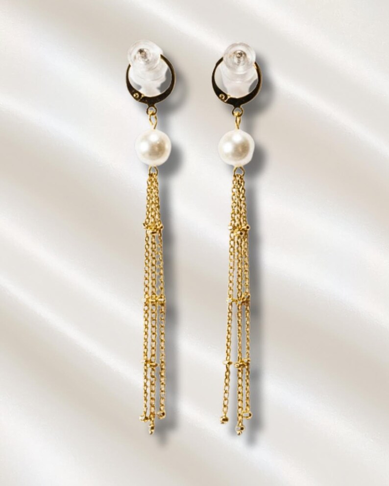 Pearl & Chain Dangle Earrings | Stainless Steel | Flirt Design | Cupid Collection image 3