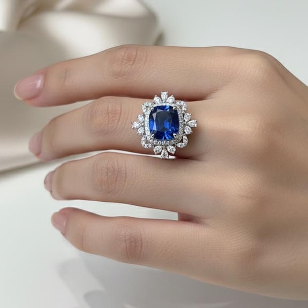 S925 Sterling Silver Lab Sapphire Ring | Vintage Halo Engagement Ring
