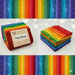 May include: Stacks of rainbow-colored fabric strips, with a label reading "Rainbow" from June Doe Fabric Collections. The fabric is arranged in a spectrum of colors, from deep purple to vibrant red, with a matching rainbow pattern in the background.