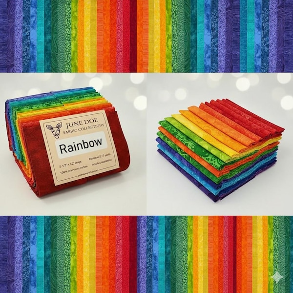 Rainbow Fabric Strips - June Doe 100% Cotton 40 Strips, 2.5 Inch Precut Jelly Roll