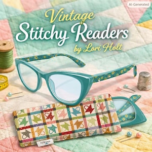 May include: Teal cat-eye reading glasses with floral patterned temples, accompanied by a matching rectangular glasses case featuring a multi-colored grid of watering cans. The text "Vintage Stitchy Readers by Lori Holt" is visible above.