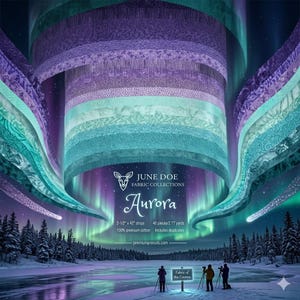 May include: A fabric collection titled "Aurora" by June Doe, featuring strips of cotton fabric in shades of purple, teal, and blue. The image includes text that reads "2-1/2 x 42" strips" and "100% premium cotton". The image also shows a winter landscape with the aurora borealis.