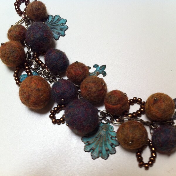 Bracelet Patina Embellished Felted Ball and Beads