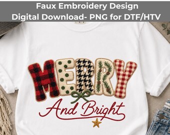 Merry And Bright PNG, Faux Embroidery Plaid Christmas Sublimation Download