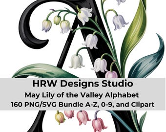 Pakiet plików SVG PNG z alfabetem kwiatowym, czcionka Lily of the Valley, litery Cricut, monogram botaniczny SVG, pliki projektów sublimacji