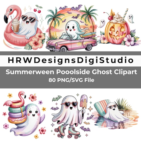 Summerween Ghost Clipart Bundle, Cute Spooky Summer PNG, Poolside Ghost SVG, Pastel Halloween Clipart, Retro Beach Ghost