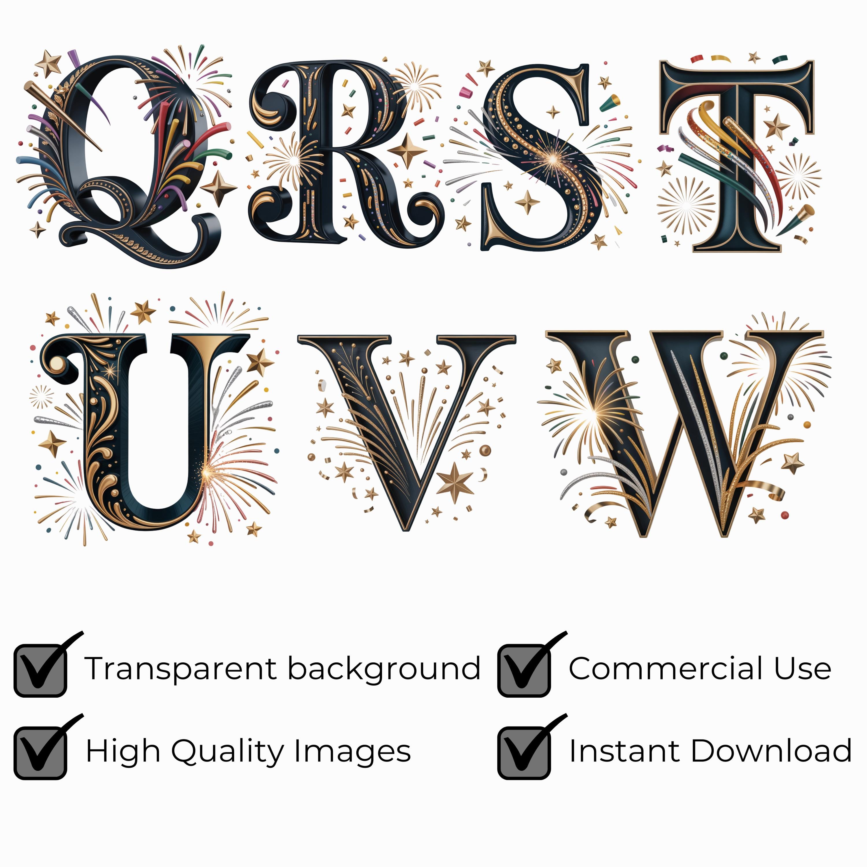 Fireworks Letters New Years Eve Black & Gold Alphabet, Fireworks Letters and Numbers, PNG ...