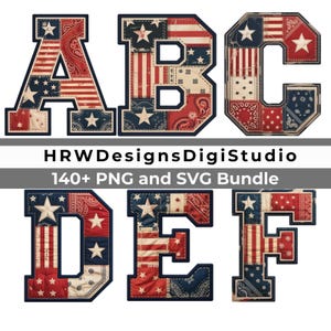 Vintage Americana Alfabet SVG PNG, Patriotiska Patchwork Bokstäver & Siffror, 4 juli Clipart, Kommersiellt Bruk bild 2